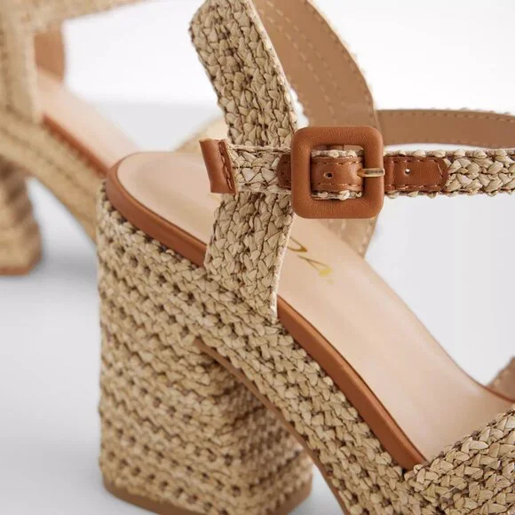 New Tan Raffia Espadrille Chunky Block Heel Platform Sandal Open Toe Ankle Strap - Picture 9 of 9